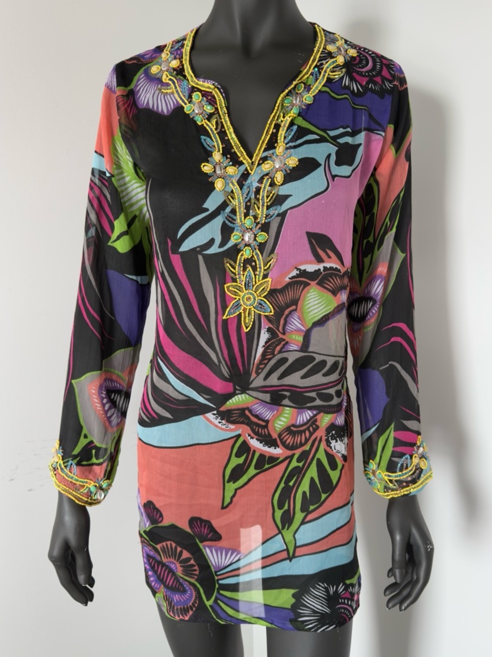 162. Raj 100% silk Beaded Floral V-Neck Tunic - Multicolor